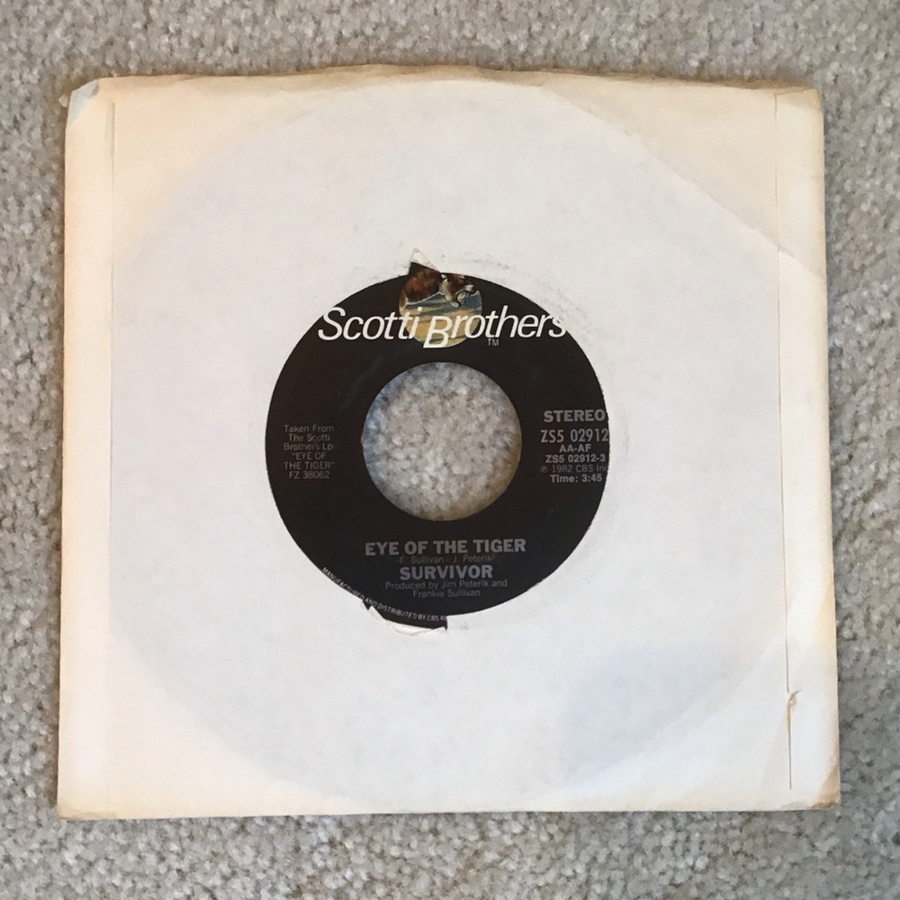 Vintage Survivor Eye of the Tiger 7” Vinyl Record, 1982